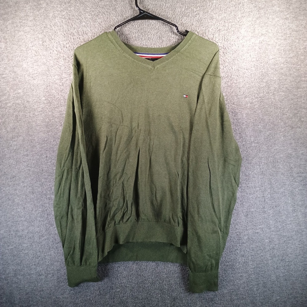 Tommy Hilfiger Sweater Mens‎ Large V-Neck Green Long Sleeve Pullover Soft Cotton
